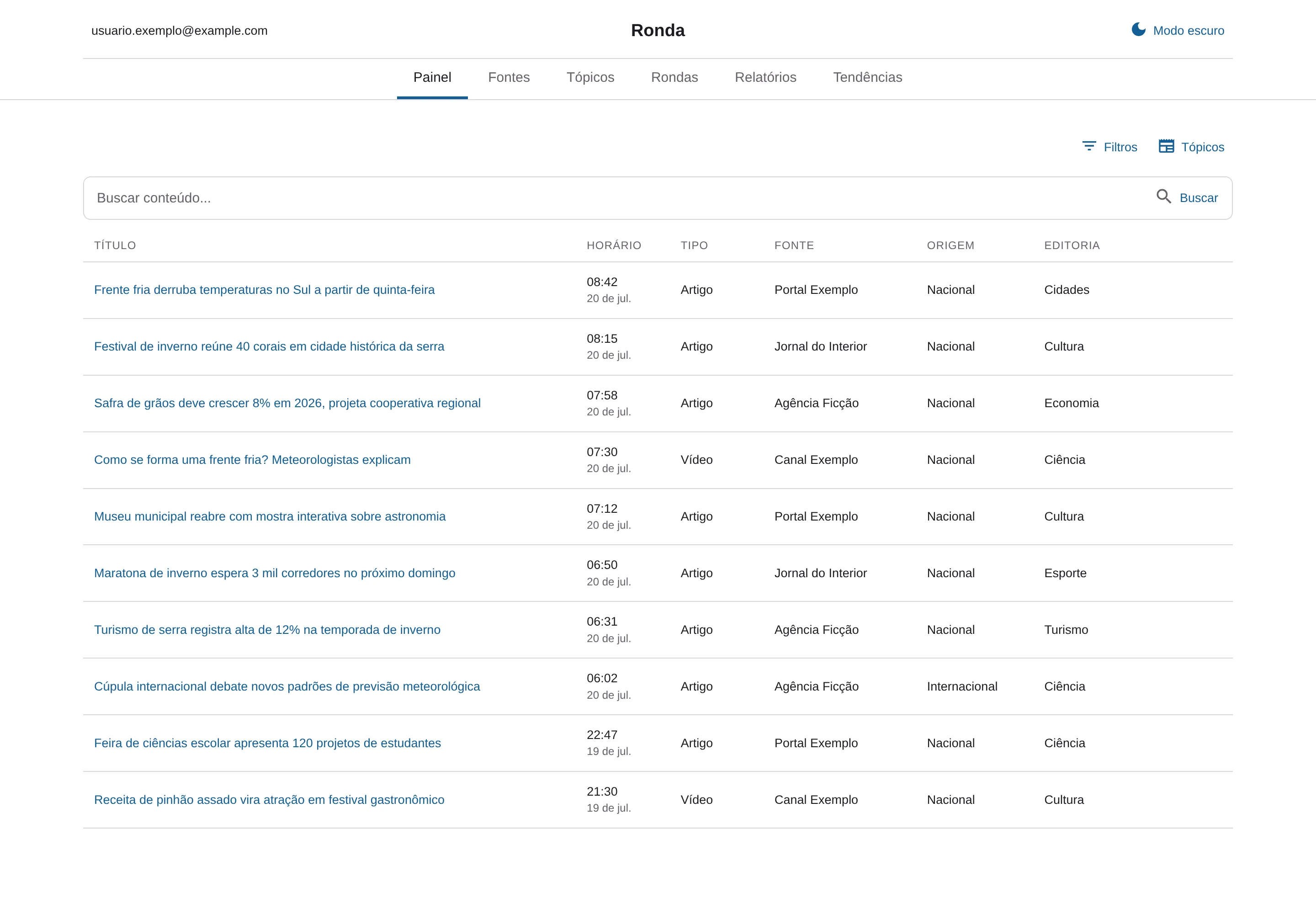 The dashboard and the trends view, rendered from the app's real interface code with fictional example data (the internal design system is approximated).