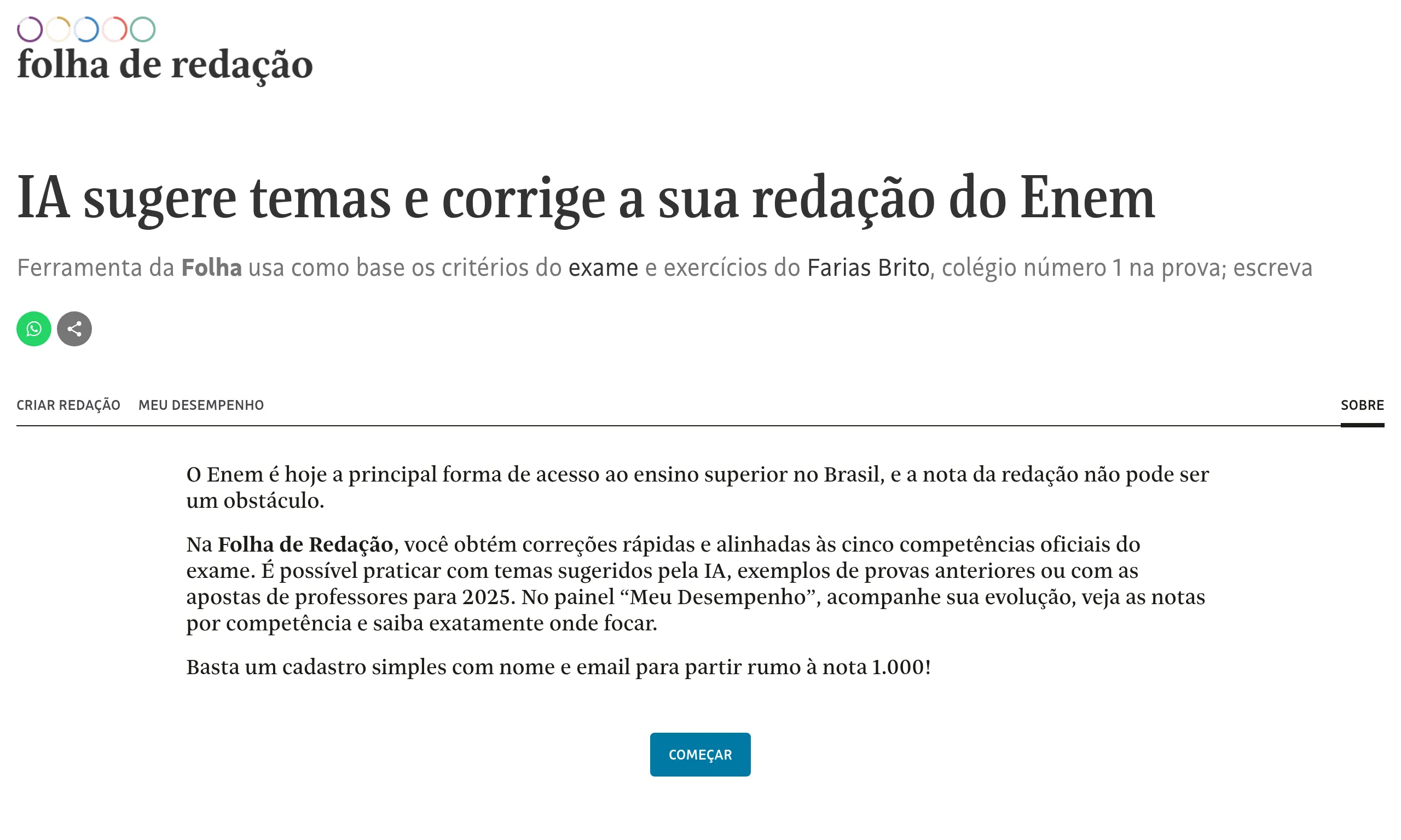Folha de Redação as published: the tool's entry, with AI-suggested themes, essay submission and a per-competency score history.