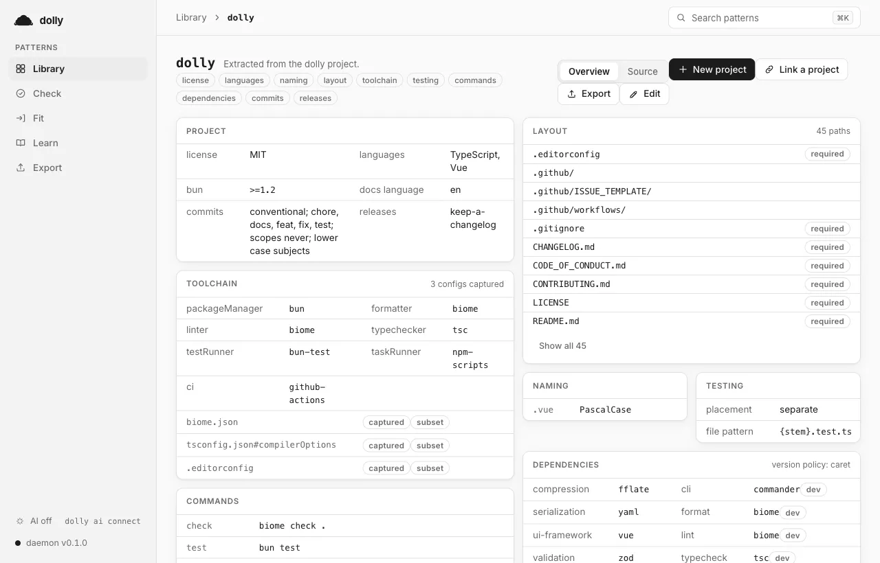 The GUI served by the local daemon: a pattern's page, with the facets extracted from this very repo, and a check report against it (two fixable violations, nothing guessed).