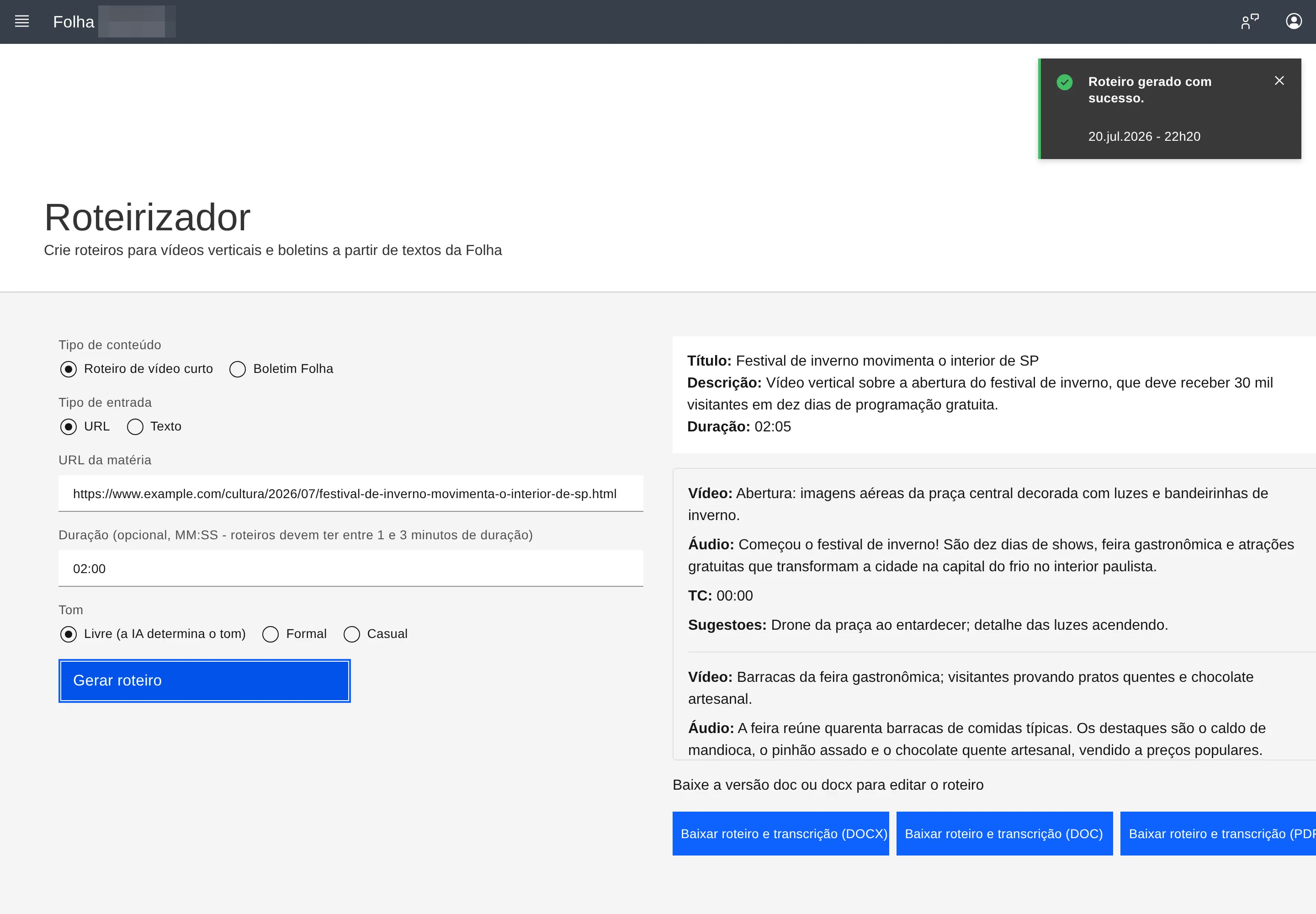 The video-script tool and the context generator in the journalists' portal, running locally with fictional example data (internal name blurred).