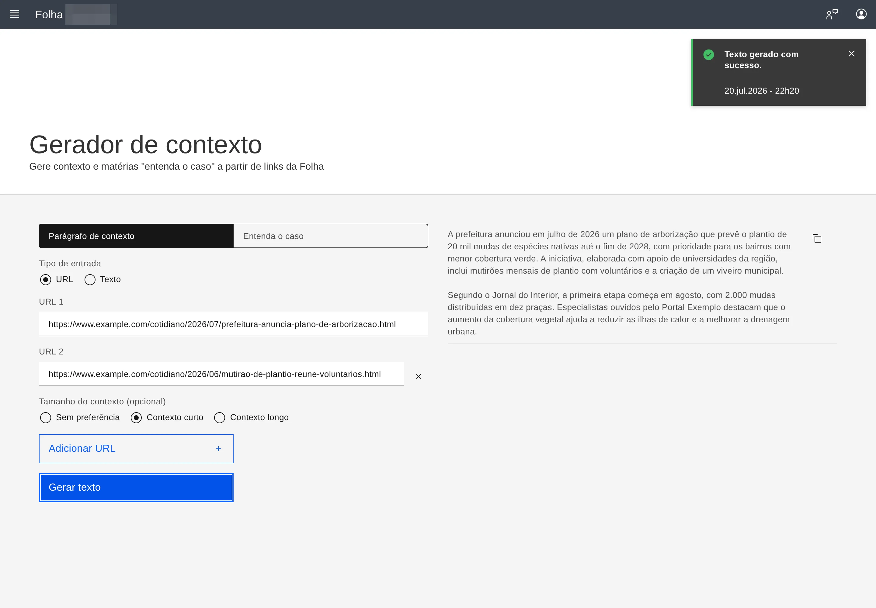 The video-script tool and the context generator in the journalists' portal, running locally with fictional example data (internal name blurred).
