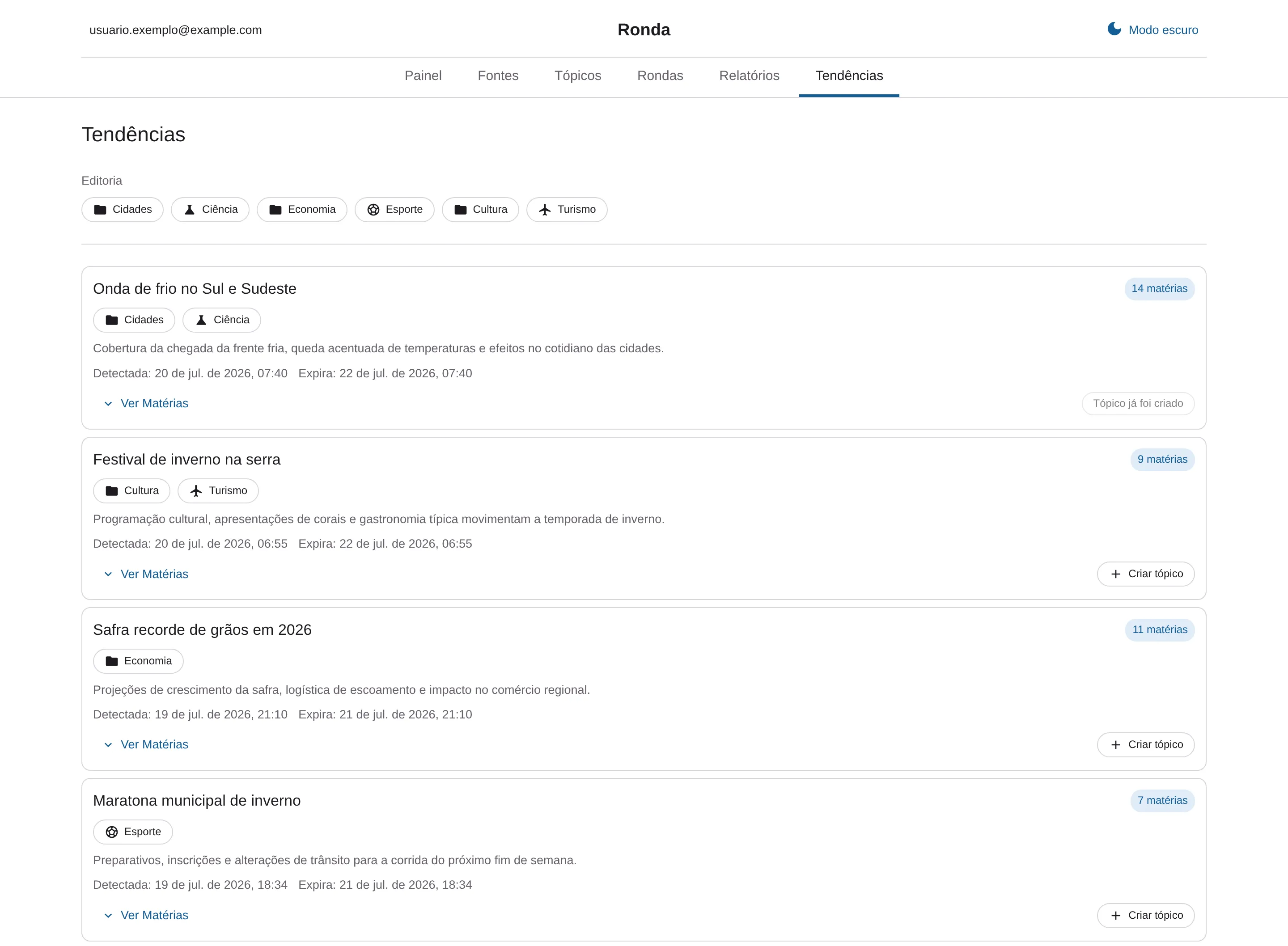 The dashboard and the trends view, rendered from the app's real interface code with fictional example data (the internal design system is approximated).